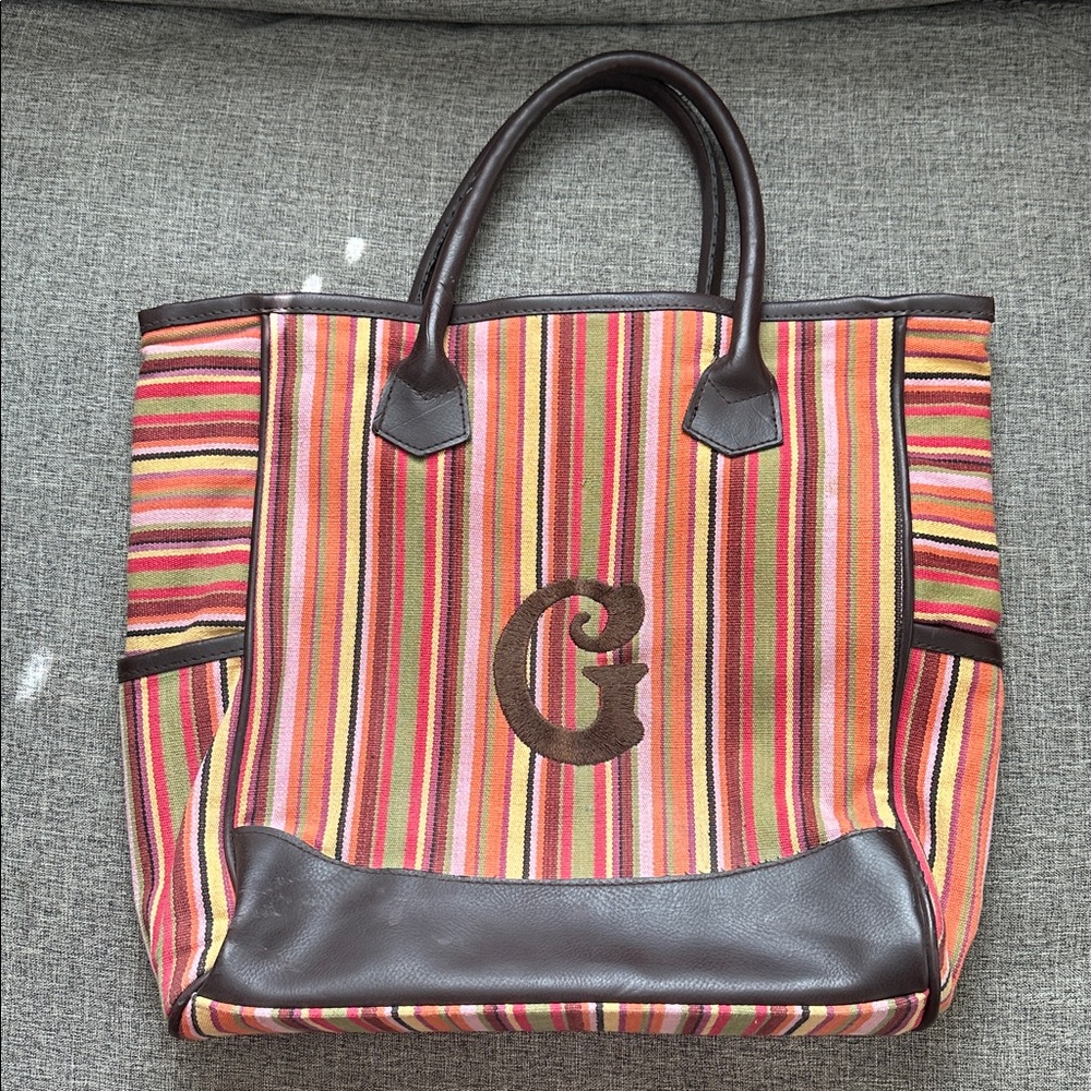 G Monogram Striped Tote Bag with Brown Handles